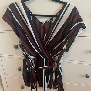 Navy/Maroon Striped V-neck Wrap Top